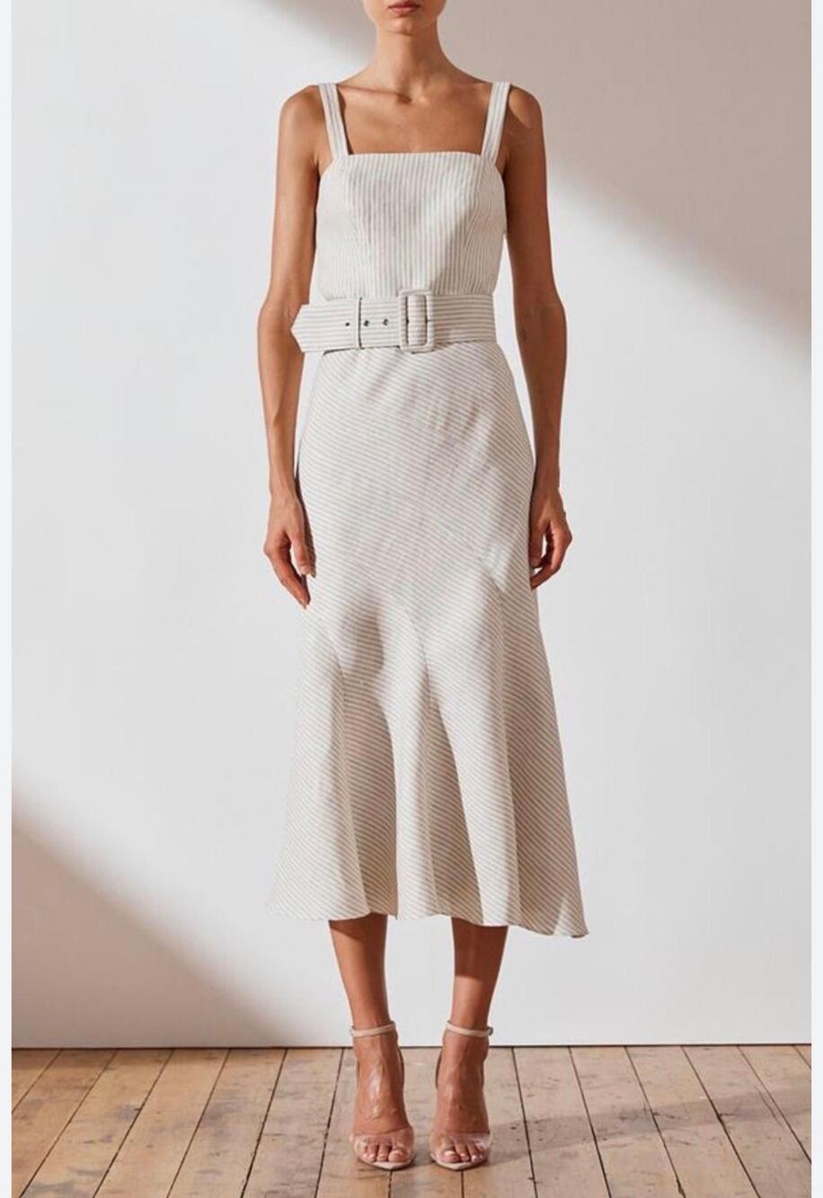 SHONA JOY Shaw Belted 100% Linen Contour Panel Midi Dress Tan White Size 4 NWT